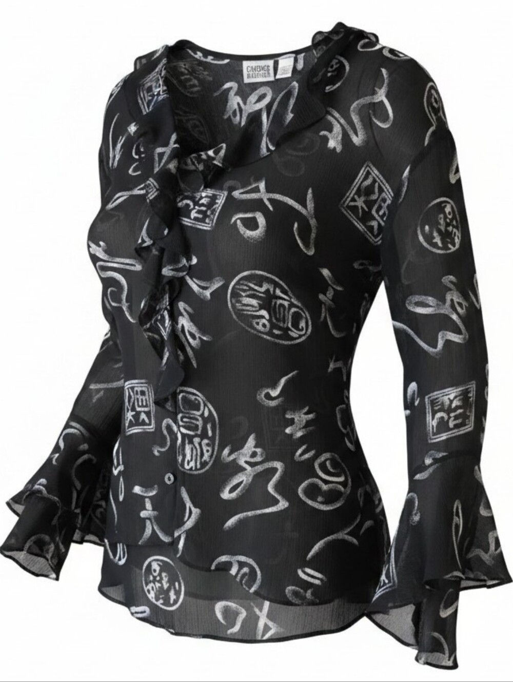 CHICO’S DESIGN | 100% Silk Sheer Tribal Print Ruffle Button Front Blouse | XL